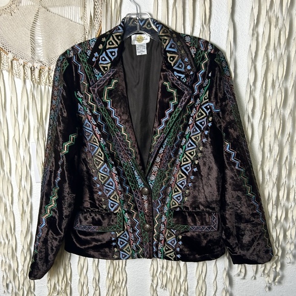 Sandy Starkman Chocolate Brown Embroidered Velvet Blazer M - Picture 4 of 12